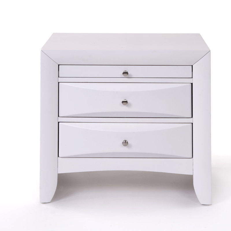 1Pc White Finish Nightstand With Two Storage Drawers And Pull Out Tray Wooden Bedroom Furniture, White