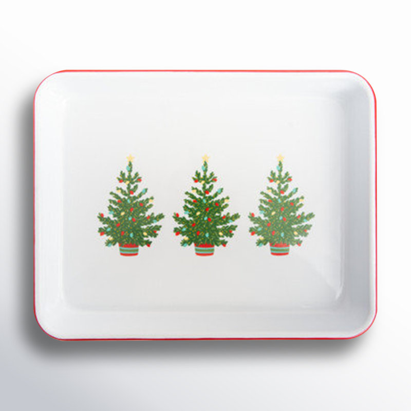 Crow Canyon Enamelware Helmsie x CCH Christmas Trees Small Rectangular Tray, Red Rim