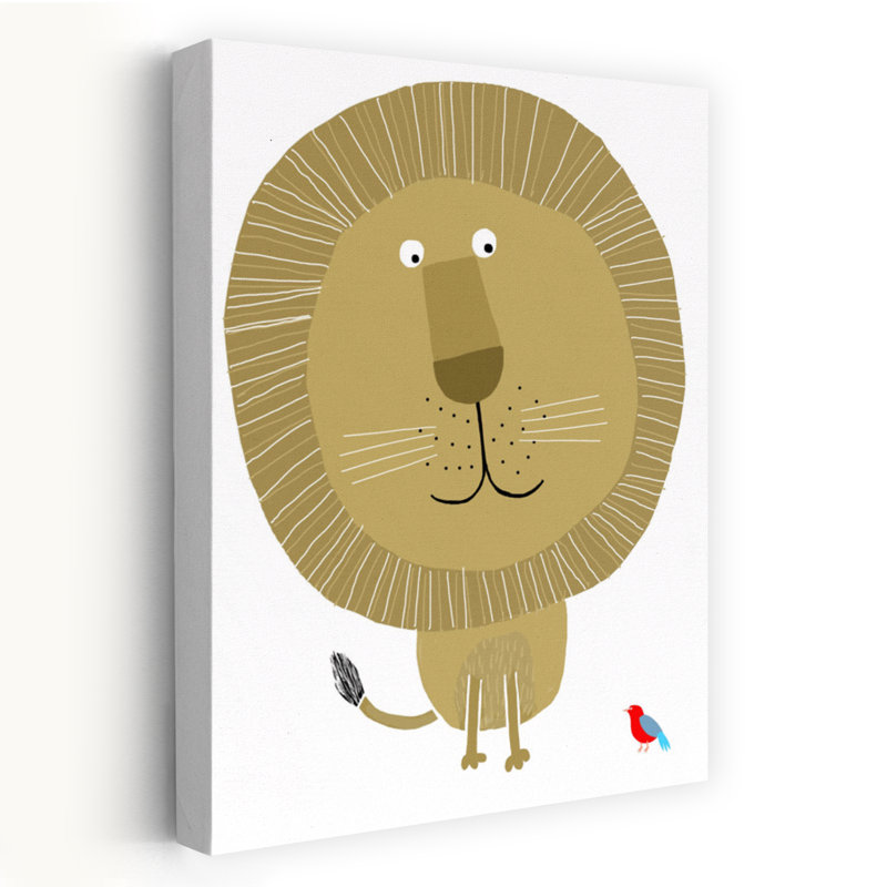 Friendly Lion And Bird Peaceful Playful Whimsical Bird Lion Nature Wall Art Print by Carla Daly - Wrapped Canvas Print