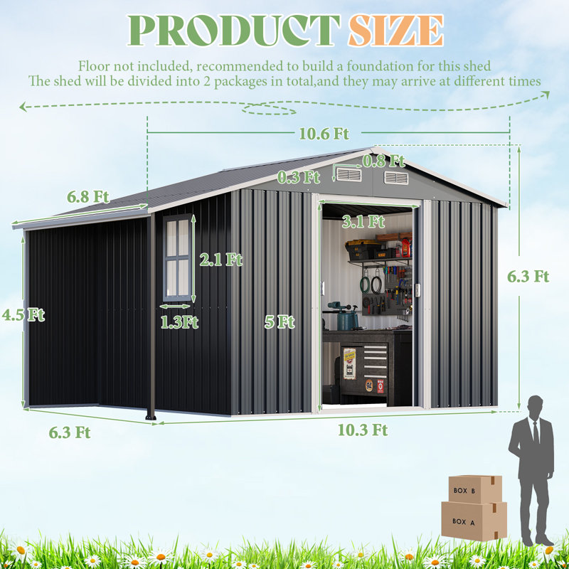 AMERLIFE Outdoor Storage Shed, Metal Shed with Sliding Doors Two 4-Pane Windows, Open Outdoor Shed for Wood Storage