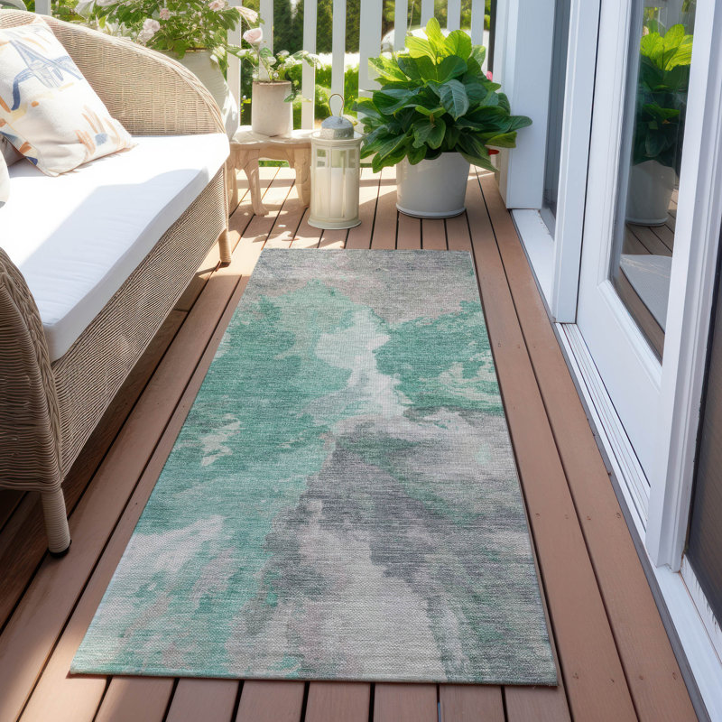 Machine Washable Indoor/Outdoor Claudian ACN1632 Teal Rug, Runner 2'3" x 7'6"
