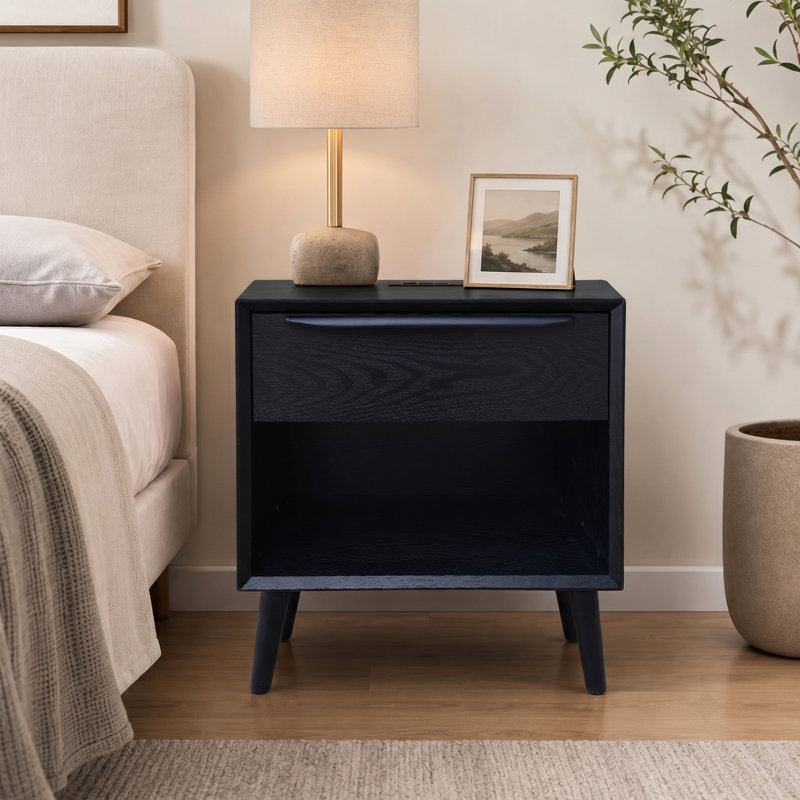 Mid Century Modern Nightstand with Charging Station, Retro Wooden End Table Living Room with Open Shelf & Large Storage Drawers, Side Table for Bedroom, Office, Black