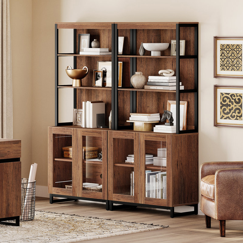 2 PCS Modern 72" Tall Bookcases With Glass Doors And Adjustable Shelves, Library Book Shelf With Storage Cabinet And Open Book Shelfs, Wood Bookshelves For Home Office, Living Room, Brown