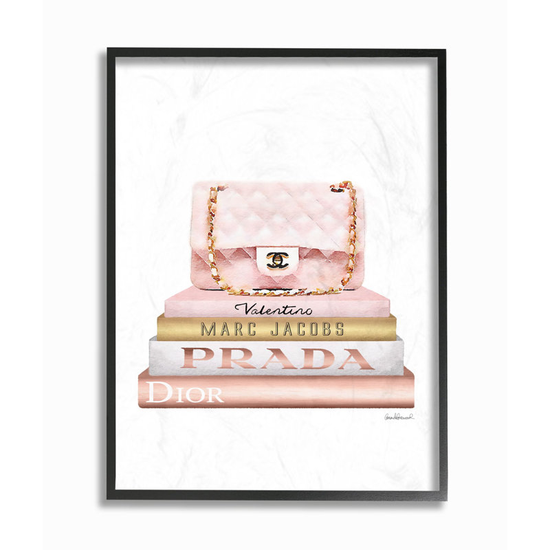 « style mode sac blanc rose or », impression bookstack, Giclée encadrée noir minuit, H 30 po x l 24 po x P 1,5 po