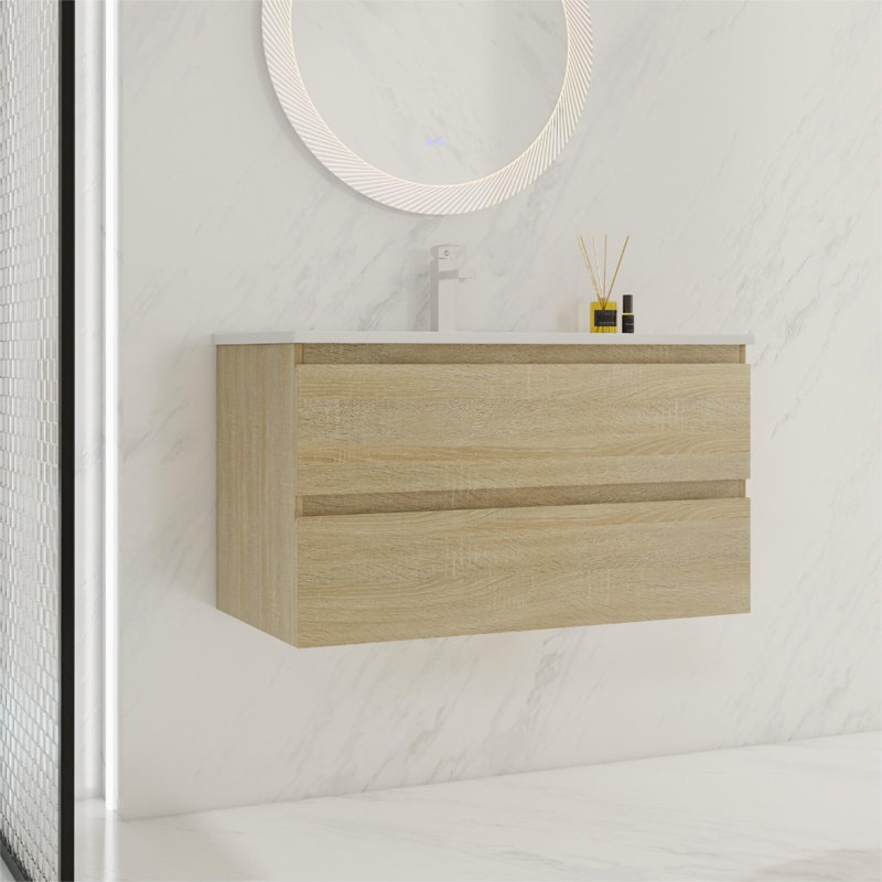 Meuble-lavabo simple 36 po avec plateau en céramique Kenyin, Naturel