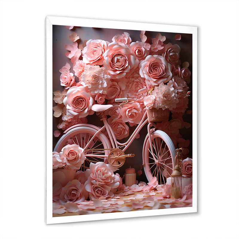 «Bicycle Rose Reverie», art mural sur toile, Cadre simple blanc, H 32 po x l 16 po x P 1 po