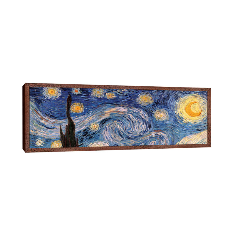 The Starry Night by Vincent Van Gogh - Panoramic Painting on Canvas, 30.48 cm H x 91.44 cm W, Brown Floater Framed