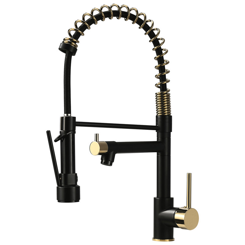 Black And Gold Kitchen Faucet With Pull Down , 360 Swivel, Single Handle Lever, For Sinks Faucet, 360-Degree Rotation, Gold, Handle, Contemporary Sink Use