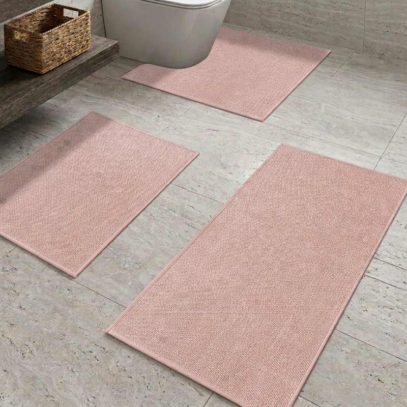 3 Piece Textured Linen-Look Bath Rug Set with Non-Slip Backing, Pink