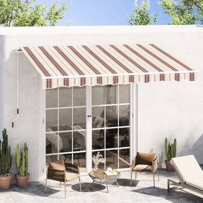 13' X 8' Retractable Patio Awning - & Water Resistance, Manual Crank, Aluminum Frame, Red Stripes For Balcony Yard Crank Handle,