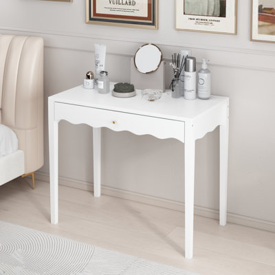 Vanity Desk with Drawer – Modern Makeup Table with Scalloped Front & Gold Knob, Compact Writing Desk with 4 Sturdy Legs for Bedroom, Small Home Office & Apartment Spaces