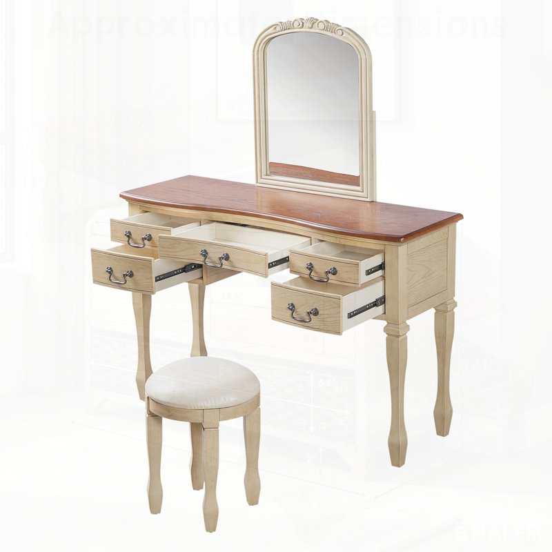Coiffeuse de maquillage rétro avec miroir à cadre floral incurvé, coiffeuse élégante avec 5 tiroirs et tabouret en cuir pour la chambre à coucher