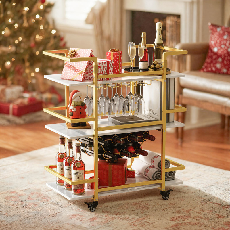 Metal Bar Cart, 3-Tier Drink Trolley with Wine Rack, Glass Holder, Gold