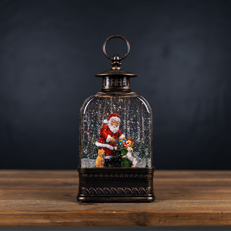 Lanterne à DEL en forme de boule à neige avec père Noël et chien H 11,25 po