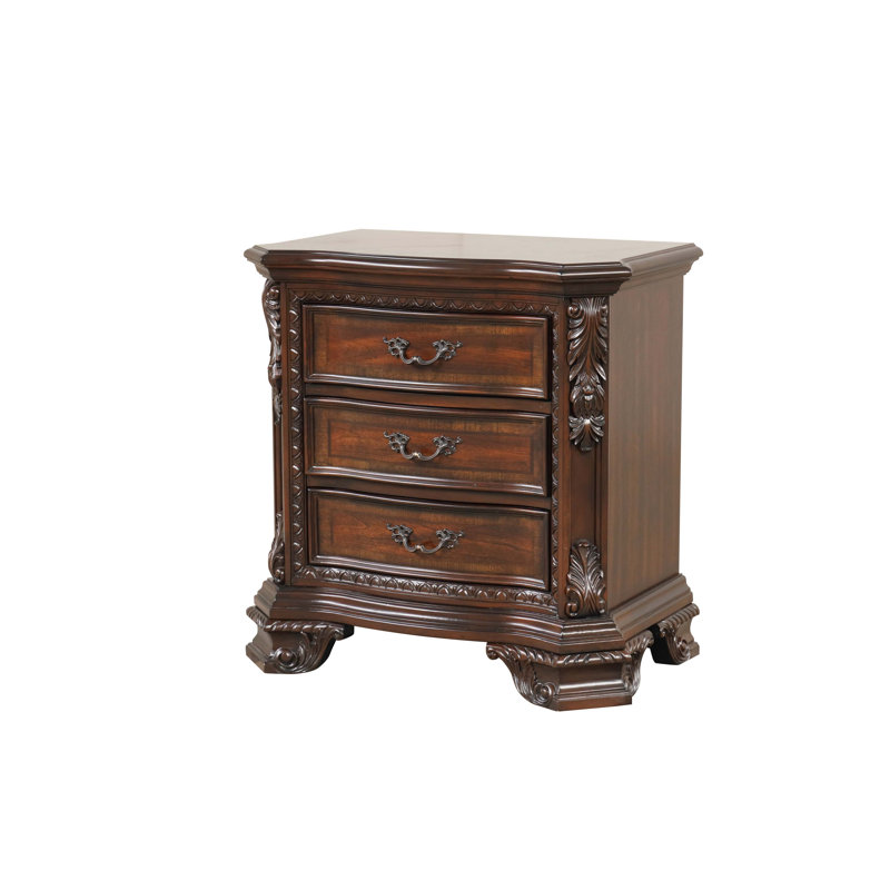 Table de chevet 3 tiroirs de style traditionnel avec poignées en métal