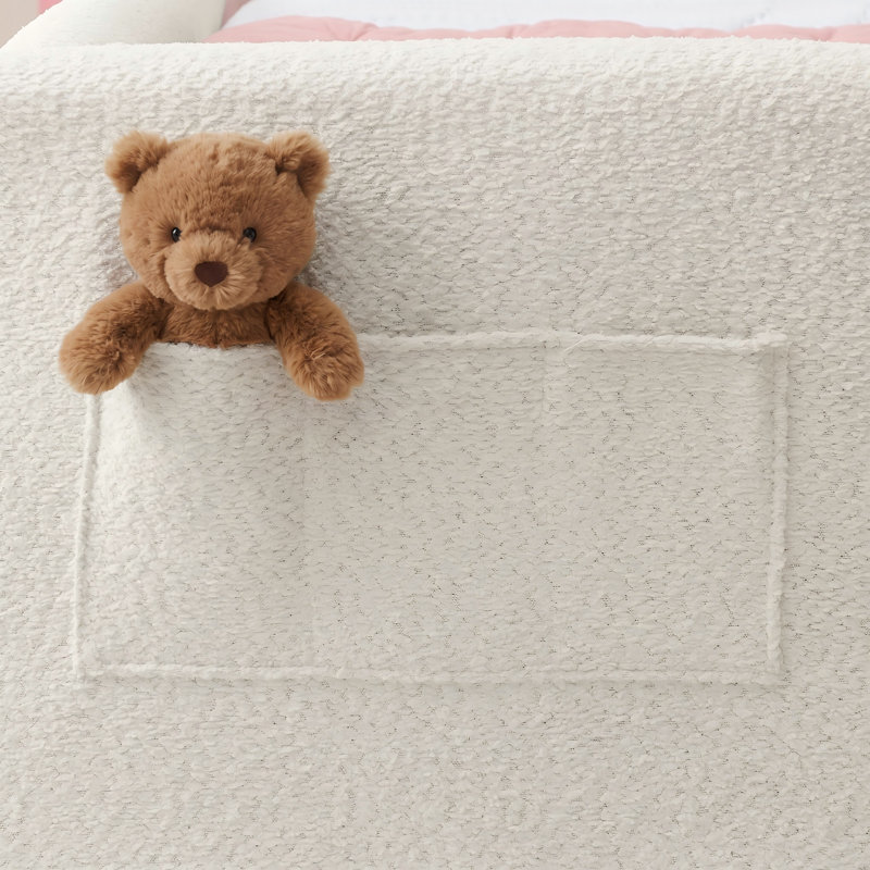 Lit plateforme simple à boucles, tête de lit Bunny Ear, barrière de sécurité et poche de rangement latérale, Beige
