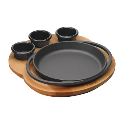 Plat de service rond en fonte émaillée Lava de 8 po avec plateau de service en bois de hêtre