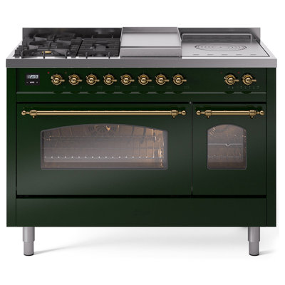 Cuisinière à double combustible de 48 po avec 5 brûleurs scellés, plaque chauffante et porte française ILVE Nostalgie II Series