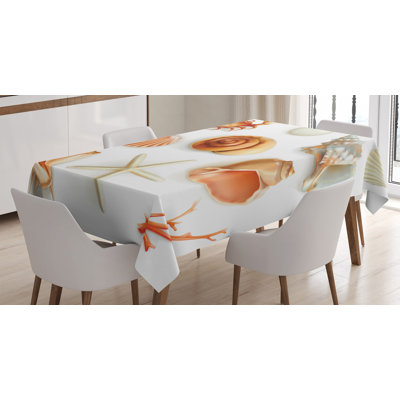 Seashells Tablecloth, Marine Aquatic World Elements Seashells Pearls Crabs Wild Sea Life Image Print, Rectangular Table Cover For Dining Room Kitchen Decor, 52" X 70", Tan Cream