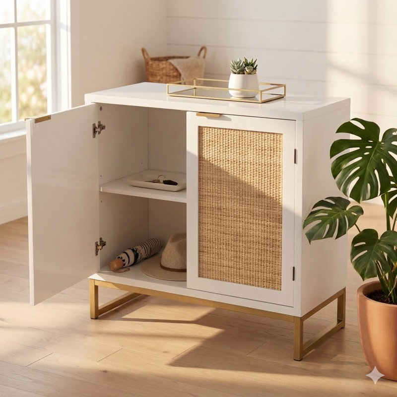 Geneva 31.5"W 2-Rattan Door Accent Cabinet with Adjustable Shelf & Gold Legs, White Sideboard Storage Cabinet, White