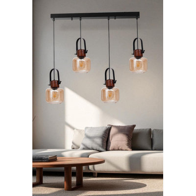 Luminaire de lustre élégant, hauteur réglable, corps en métal avec capuchon en verre, 15 po de diamètre x 5,1 po de hauteur | Miel, noyer et finition noire | 4 x douilles E27 (ampoule non incluse), pour la salle à manger et les espaces de vie
