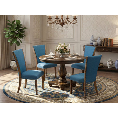 5 Piece Dining Table Set for 4 Includes a Round Kitchen Table with Pedestal and 4 Blue Color Linen Fabric Upholstered Chairs, Distressed Jacobean