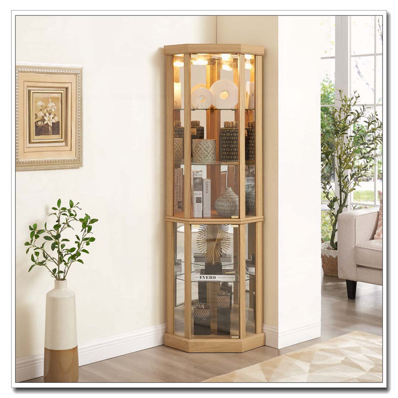 Vitrine de coin lumineuse avec portes et tablettes en verre trempé, Chêne