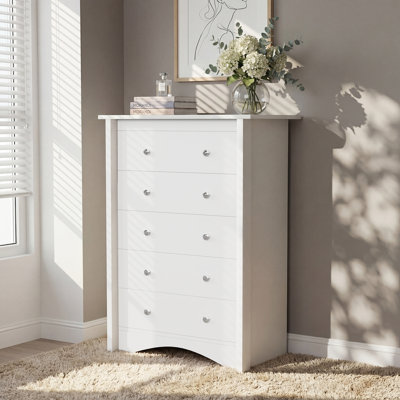 White 5 Drawer Tall Dresser, Vertical Wood Chest of Drawers with Smooth Slide Drawers & Anti-Tip Kit, Bedroom Clothing Storage Organizer