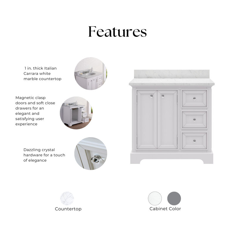 Derby 36" Carrara White Marble Countertop Bath Vanity with Faucet, White, No