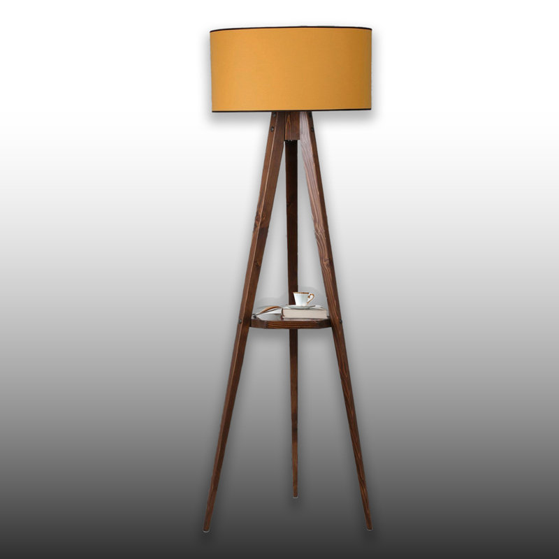 Wooden Body Drum Tripod Floor Lamp, Mustard