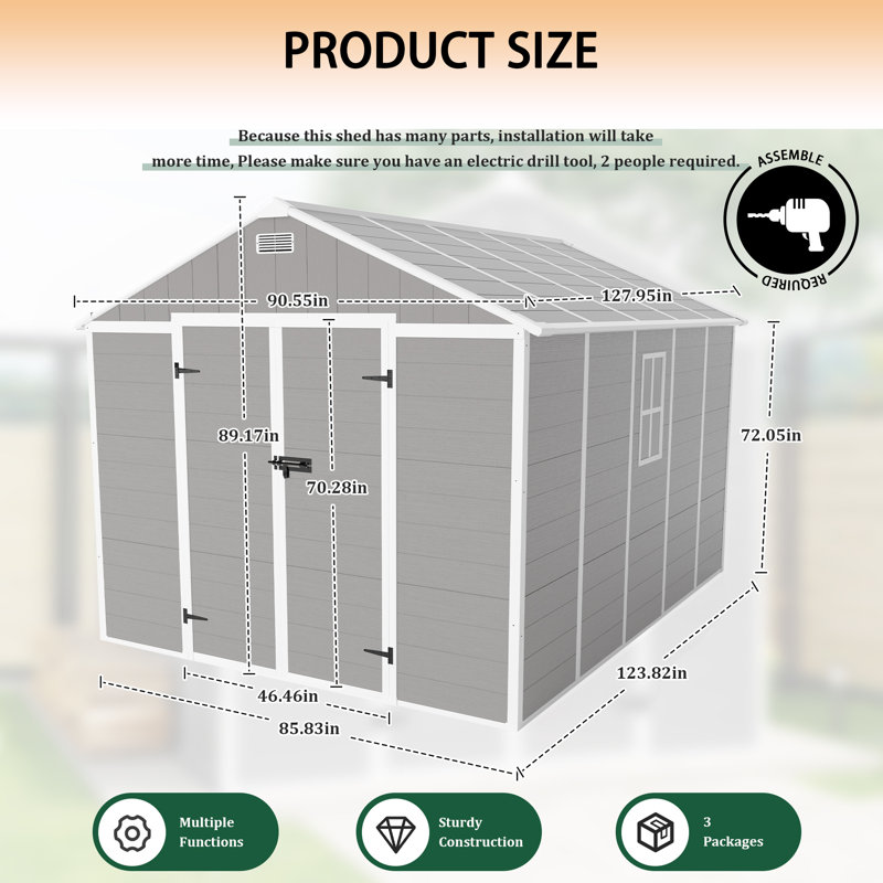 Waterproof Storage Shed, Strong PP Material, Rust & UV Proof, 12mm Thick Board, HD Window, Floor Included