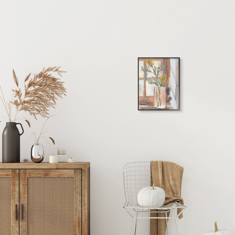 Charmant pot floral jaune avec rebord de fenêtre, H 14 po x l 11 po, Giclée encadrée noir minuit