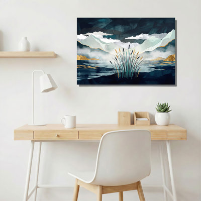 «Teal and Gold Cattails Growing in Abstract Blue Mountain Lake», art mural