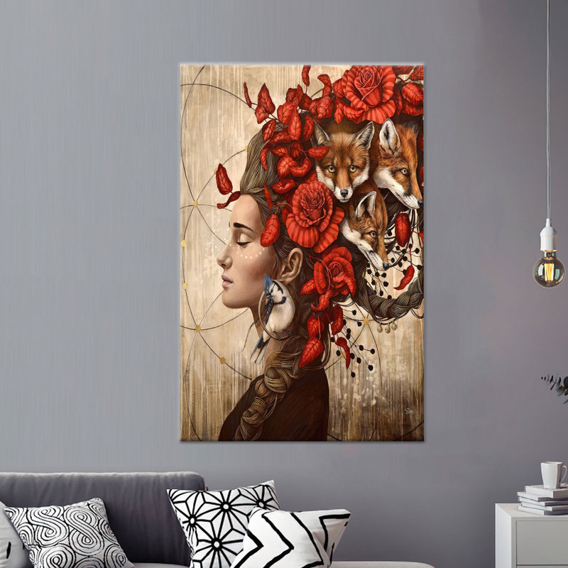 Toile imprimée: Art avec une tête florale par Fox & Bird, 1P WhiteFramedCanves