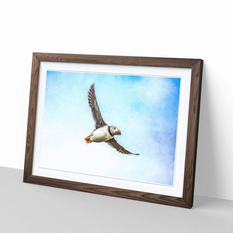 Flying Atlantic Puffin Bird - Picture Frame Graphic Art Print, 24cm H x 33cm W x 2cm D, Walnut Framed