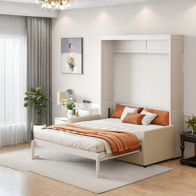 Lit escamotable double pleine grandeur avec coussin, Blanc