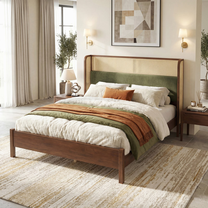 Structure de grand lit avec tête de lit verte, lit en bois massif, mobilier de chambre moderne, Noir/vert
