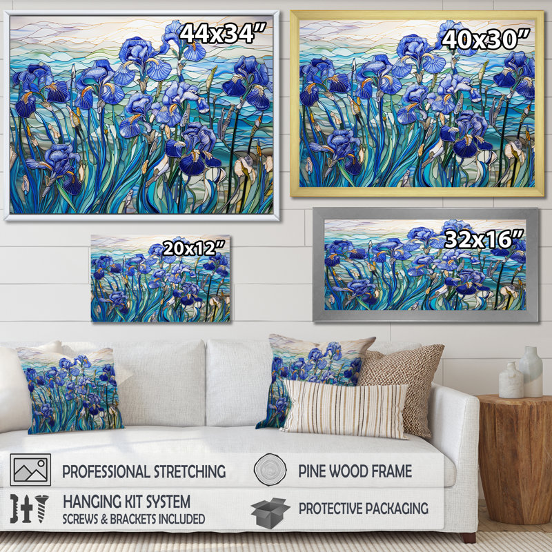 «Blue Iris Radiance» par The Lake, impression sur toile, H 34 po x l 44 po x P 1,5 po, Cadre simple argenté