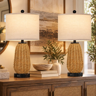 22.8" Natural Woven Rattan Table Lamp Set with 3-Way Touch Control, USB Ports & AC Outlet