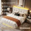 EU Double & King Beige Velvet Upholstered Ottoman Bed, Dual LED Hydraulic Bed Frame With Side Pockets (140/160 X 200cm) -1294911346