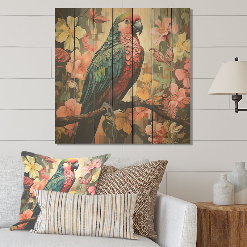 Faucon bleu et rose dans un arbre tropical II - perroquet sur bois, H 15 po x l 15 po