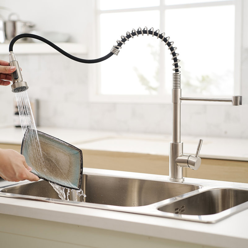 Robinet d'évier de cuisine en nickel brossé avec bec rétractable - construction, fuite, facile à nettoyer, modèles de débit d'eau polyvalents en acier inoxydable, cartouche en céramique, lisse