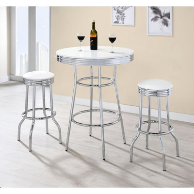 Table de bar des années 1950 avec plateau en stratifié blanc, tabourets pivotants sans dossier, tablier, décoration de salle à manger ronde 3, ambiance bistro, configuration
