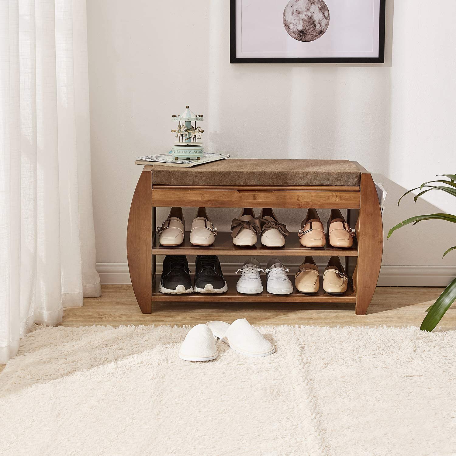 Loon Peak Bamboo Entryway Detachable Cushion Shoe Storage Bench ...