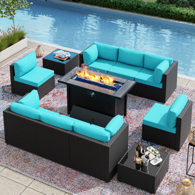  11-Piece Outdoor Furniture Wicker Patio Set with Fire Pit Table
