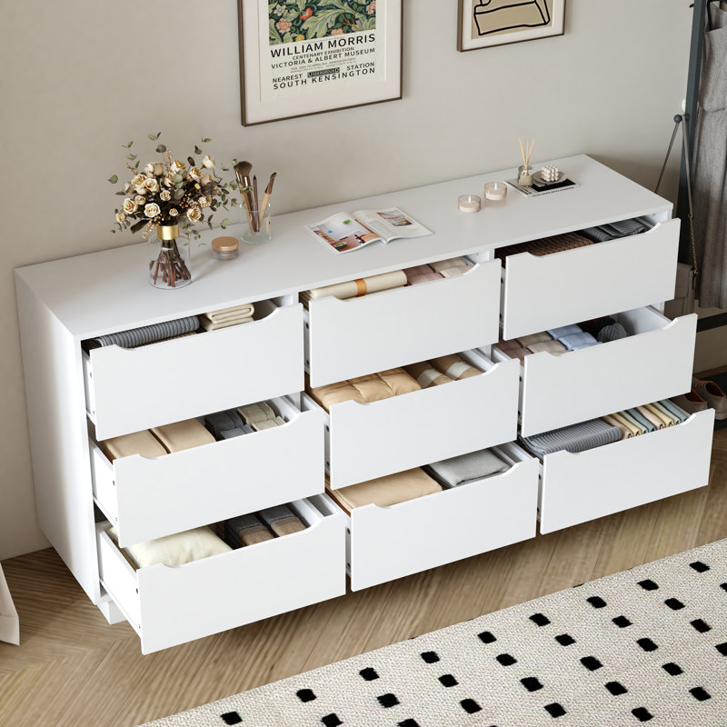 Commode 9 tiroirs pour la chambre à coucher avec tiroirs profonds, commodes en bois et commode à plancher large, commodes longues blanches modernes pour le placard du salon