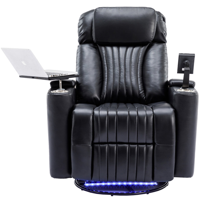 Swivel Recliner With Hidden Arm Storage and  LED Light Strip, Black