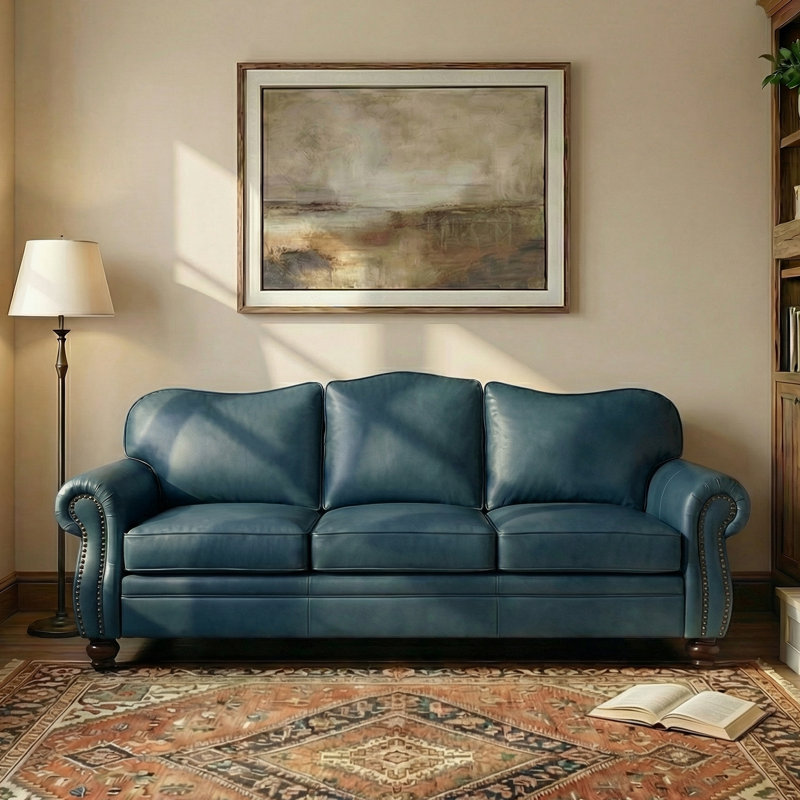 Eugene 81" Traditional Genuine Leather Sofa, Turquiose
