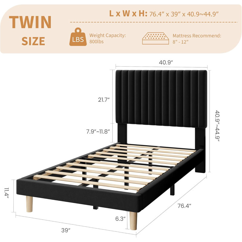 Velvet Upholstered Platform Bed with Adjustable Headboard and Wooden Slats, Twin Size/Black
