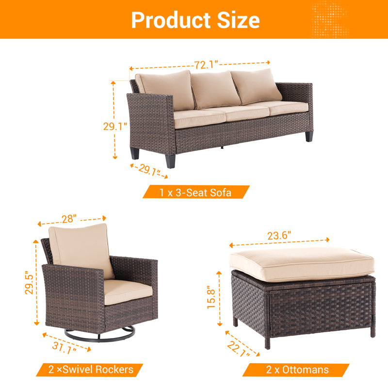 5 - Person Wicker Swivel Rocker Chair Outdoor Seating Group with Cushions, Sand, Brown
